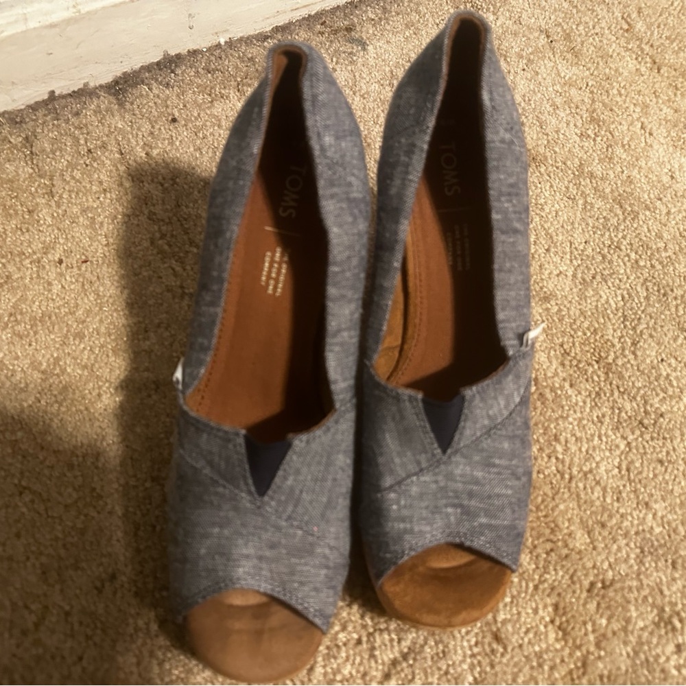 TOMS Women's Denim Blue Peep Toe Wedges